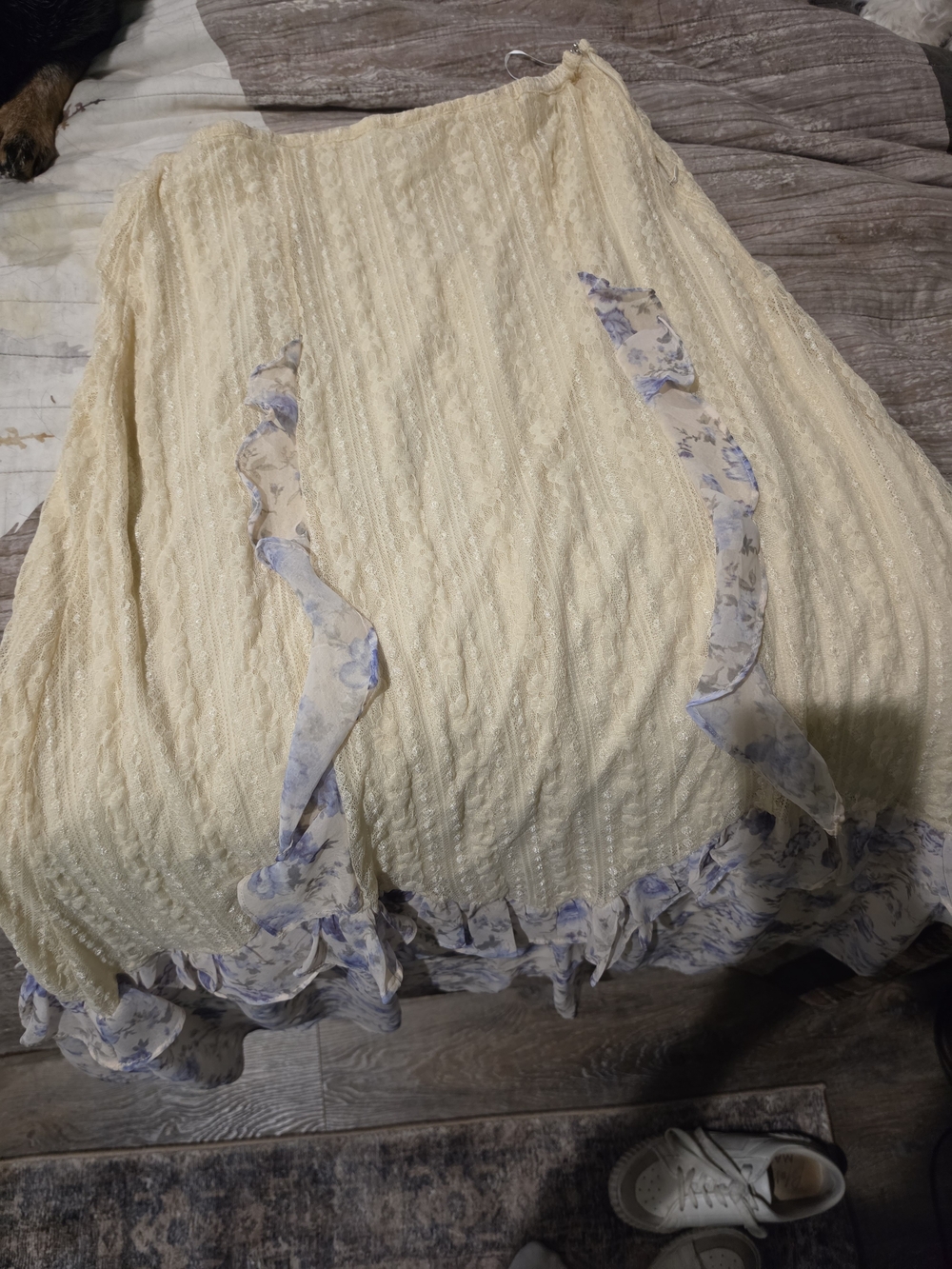 Bluivy Cream Maxi Skirt And Top with Blue Floral Accents